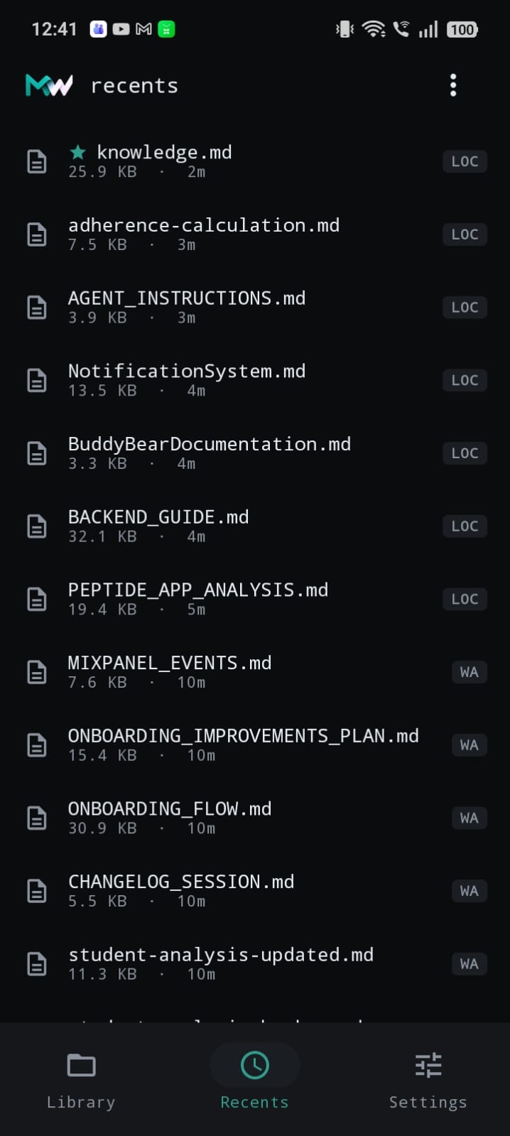 MarkWhat's library showing recent and starred markdown files