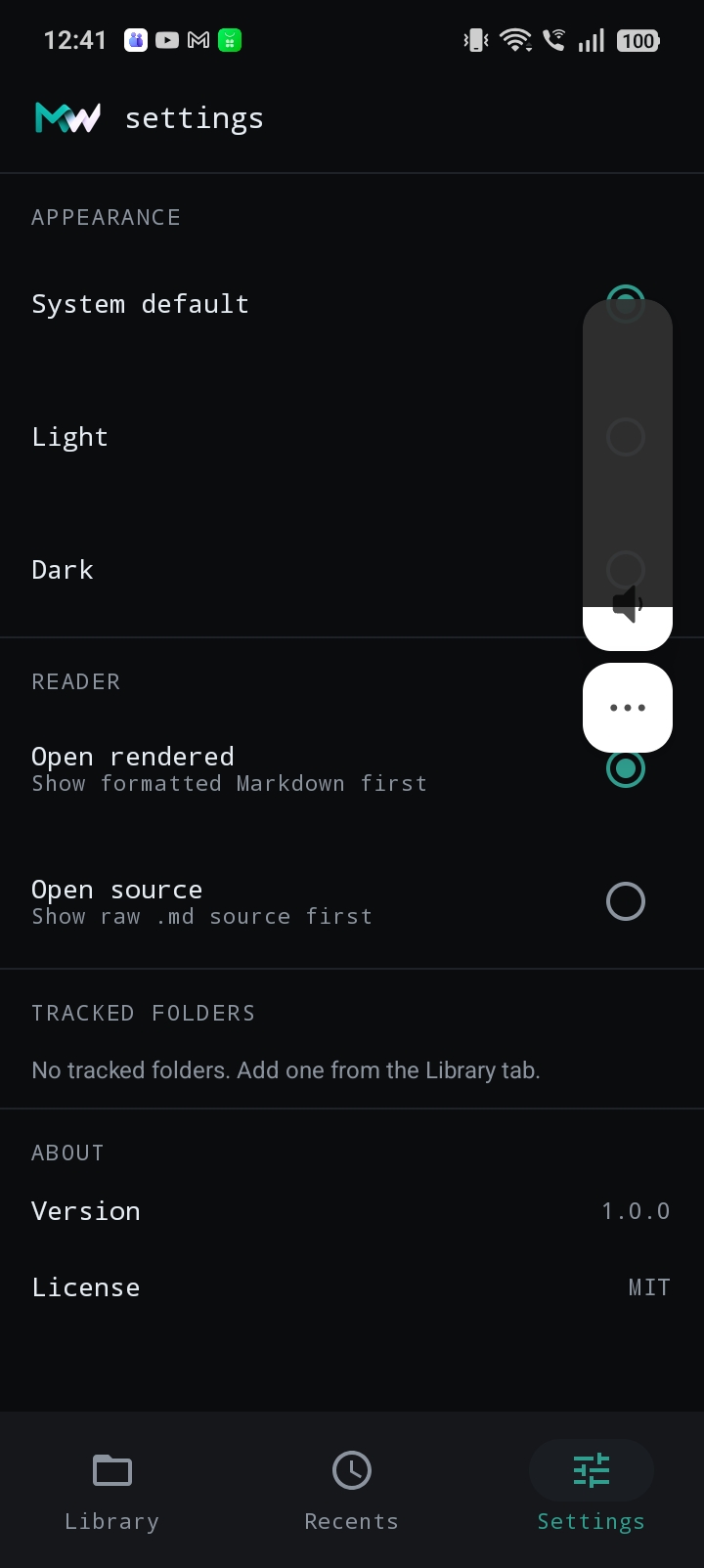 MarkWhat's settings with the theme picker open
